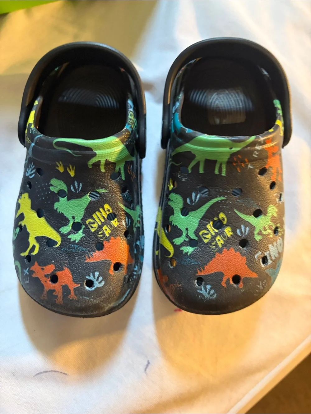 CROCS Kids' Two-Pair Set — Gray and Black with Multicolor Dino Accents